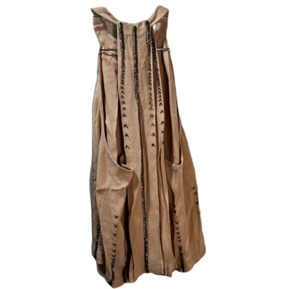 Free People Boho Tan Sleeveless Embroidered Midi Dress W/ Pockets XS - Picture 2 of 6